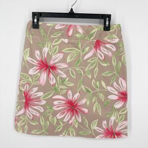 Talbots Skirt Womens Sz 8P Tan Pink Green Tropical Floral Cotton Blend Stretch